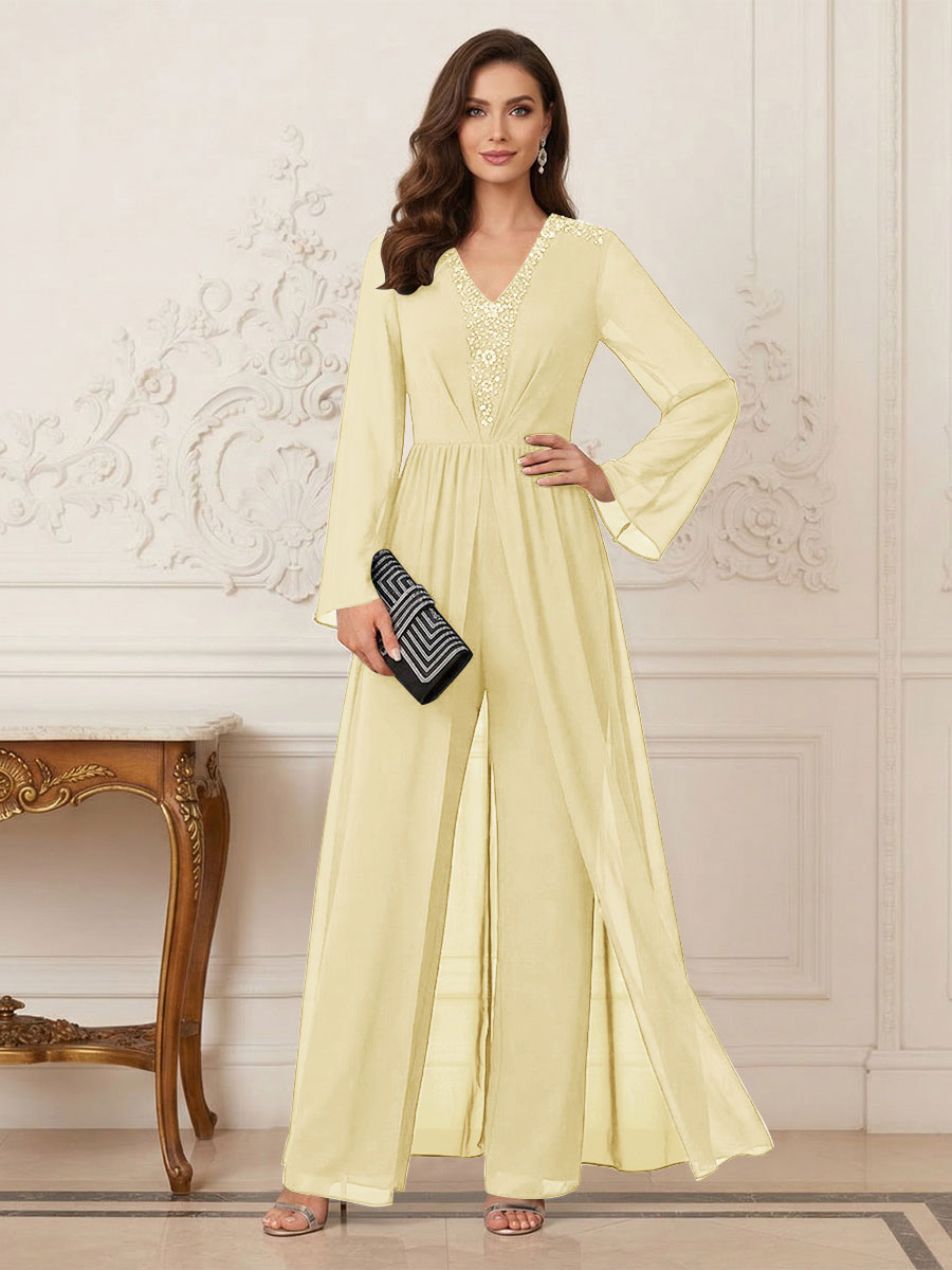 Jumpsuits V Neck Long Sleeves Floor Length Mother of the Bride Dresses with Beading