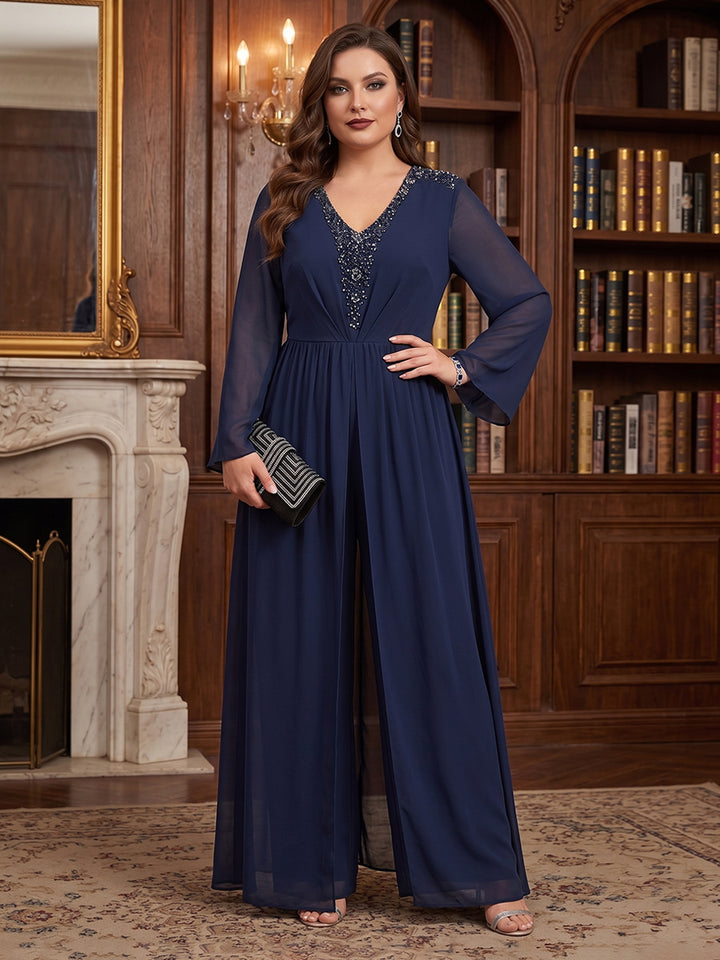 Jumpsuits V Neck Long Sleeves Floor Length Plus Size Mother of the Bride Dresses with Beading