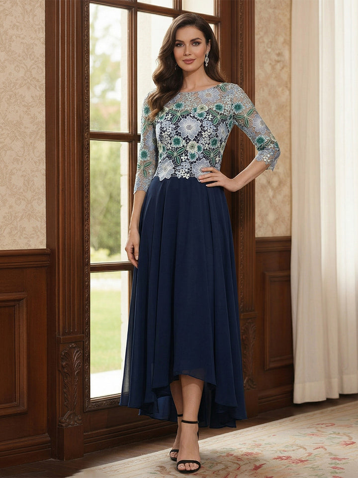 A-Line/Princess Scoop 3/4 Sleeves Asymmetrical Mother of the Bride Dresses with Flower &amp; Embroidery