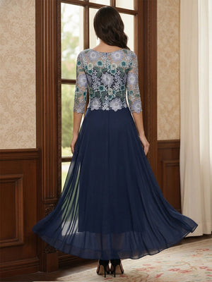 A-Line/Princess Scoop 3/4 Sleeves Asymmetrical Mother of the Bride Dresses with Flower & Embroidery