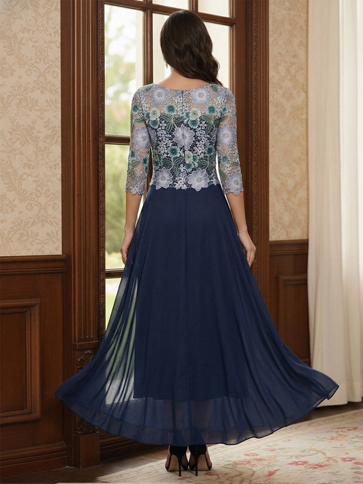 A-Line/Princess Scoop 3/4 Sleeves Asymmetrical Mother of the Bride Dresses with Flower &amp; Embroidery