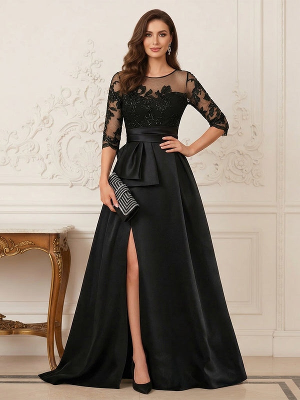 A-Line/Princess Scoop 3/4 Sleeves Floor-Length Mother of the Bride Dresses with Split Side & Applique