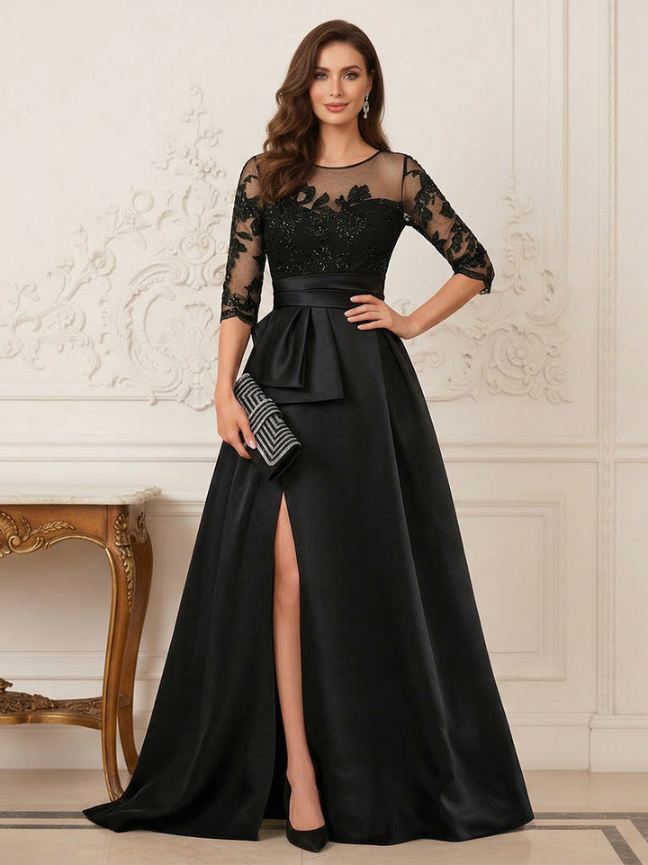 A-Line/Princess Scoop 3/4 Sleeves Floor-Length Mother of the Bride Dresses with Split Side &amp; Applique