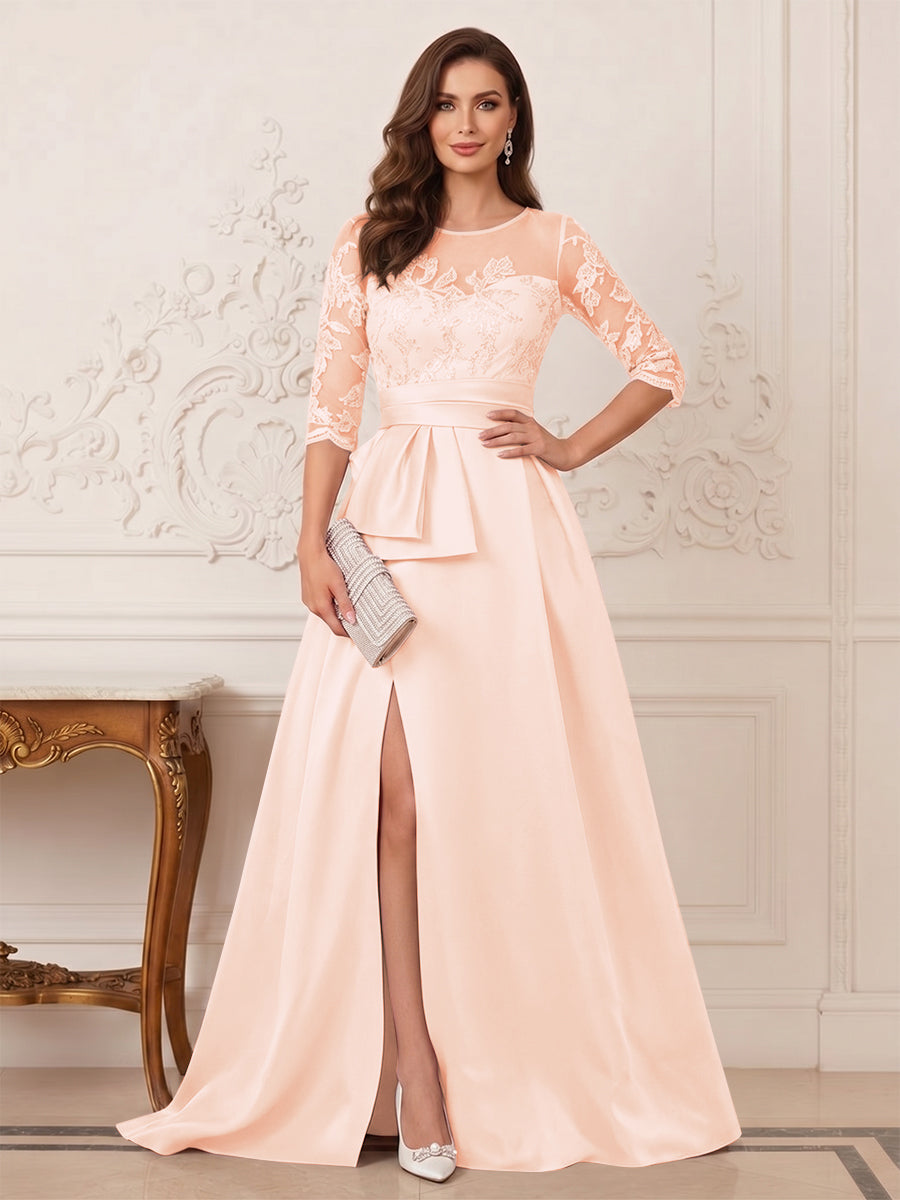 A-Line/Princess Scoop 3/4 Sleeves Floor-Length Mother of the Bride Dresses with Split Side &amp; Applique