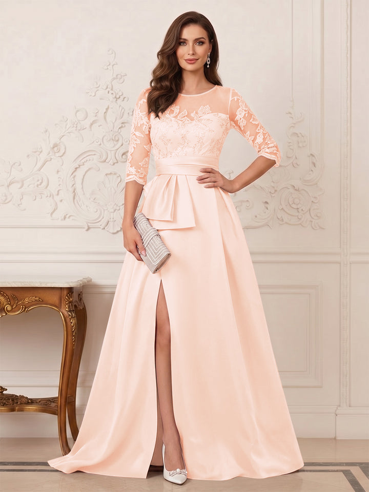 A-Line/Princess Scoop 3/4 Sleeves Floor-Length Mother of the Bride Dresses with Split Side &amp; Applique