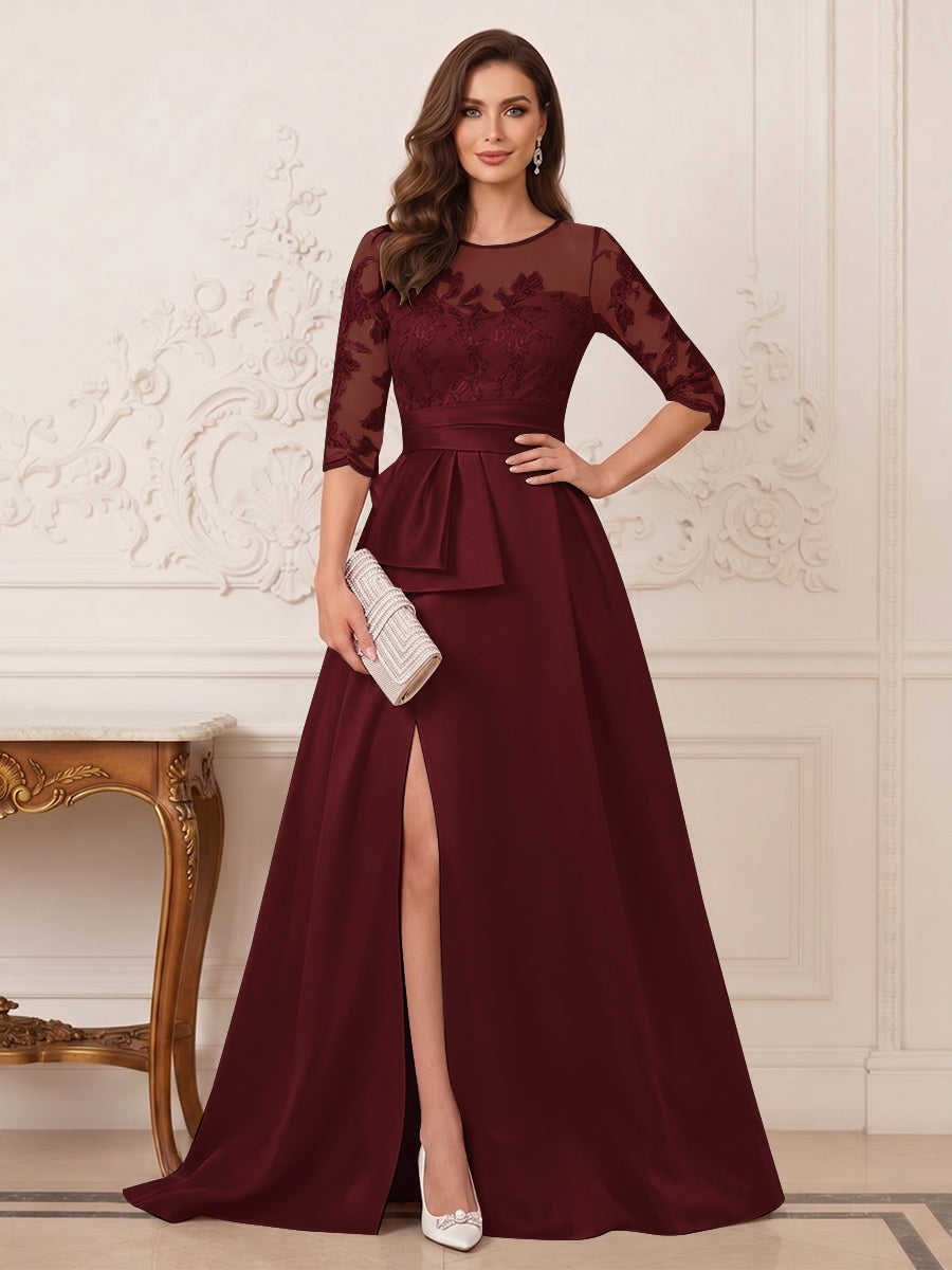 A-Line/Princess Scoop 3/4 Sleeves Floor-Length Mother of the Bride Dresses with Split Side &amp; Applique