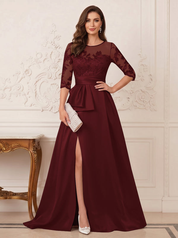 A-Line/Princess Scoop 3/4 Sleeves Floor-Length Mother of the Bride Dresses with Split Side & Applique