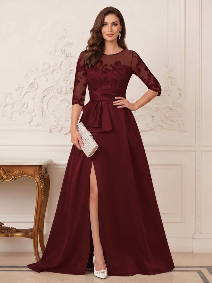 A-Line/Princess Scoop 3/4 Sleeves Floor-Length Mother of the Bride Dresses with Split Side &amp; Applique