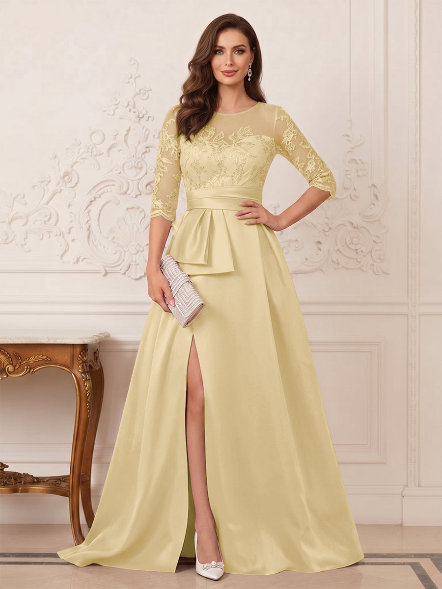 A-Line/Princess Scoop 3/4 Sleeves Floor-Length Mother of the Bride Dresses with Split Side & Applique
