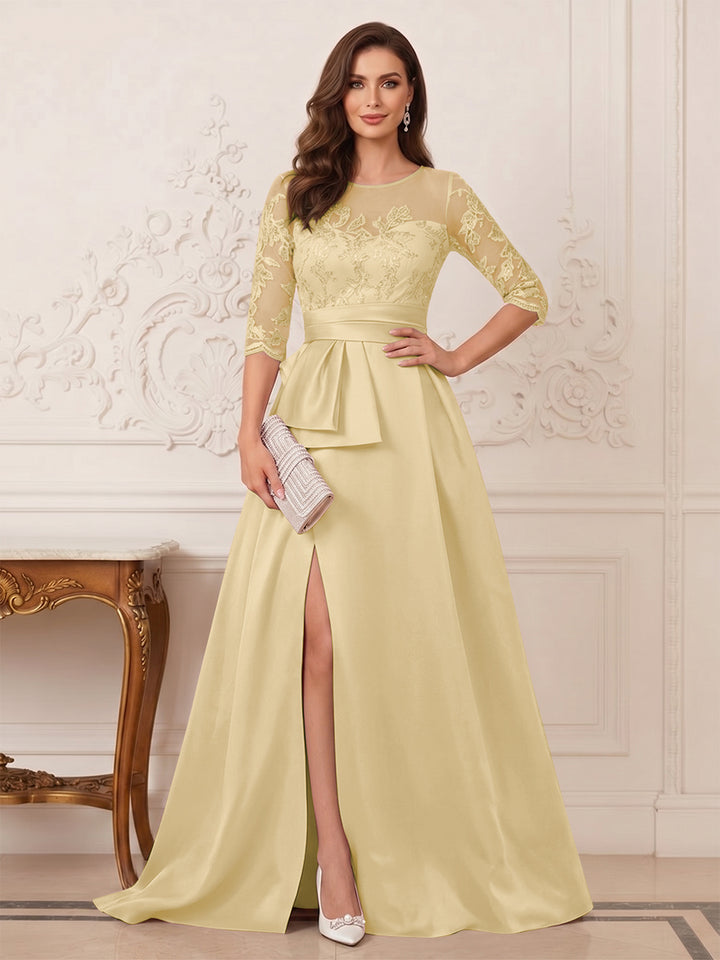 A-Line/Princess Scoop 3/4 Sleeves Floor-Length Mother of the Bride Dresses with Split Side &amp; Applique