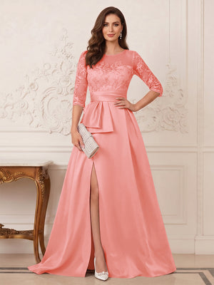 A-Line/Princess Scoop 3/4 Sleeves Floor-Length Mother of the Bride Dresses with Split Side & Applique