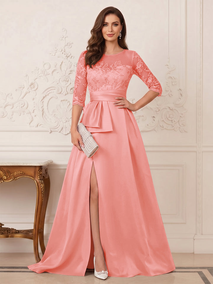 A-Line/Princess Scoop 3/4 Sleeves Floor-Length Mother of the Bride Dresses with Split Side &amp; Applique