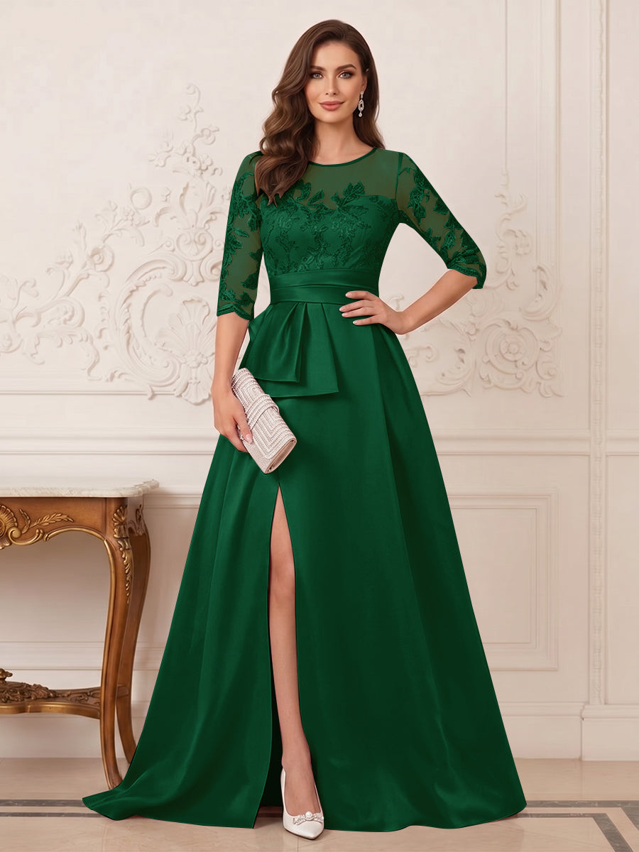A-Line/Princess Scoop 3/4 Sleeves Floor-Length Mother of the Bride Dresses with Split Side &amp; Applique