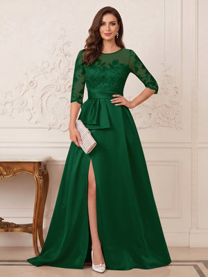 A-Line/Princess Scoop 3/4 Sleeves Floor-Length Mother of the Bride Dresses with Split Side & Applique