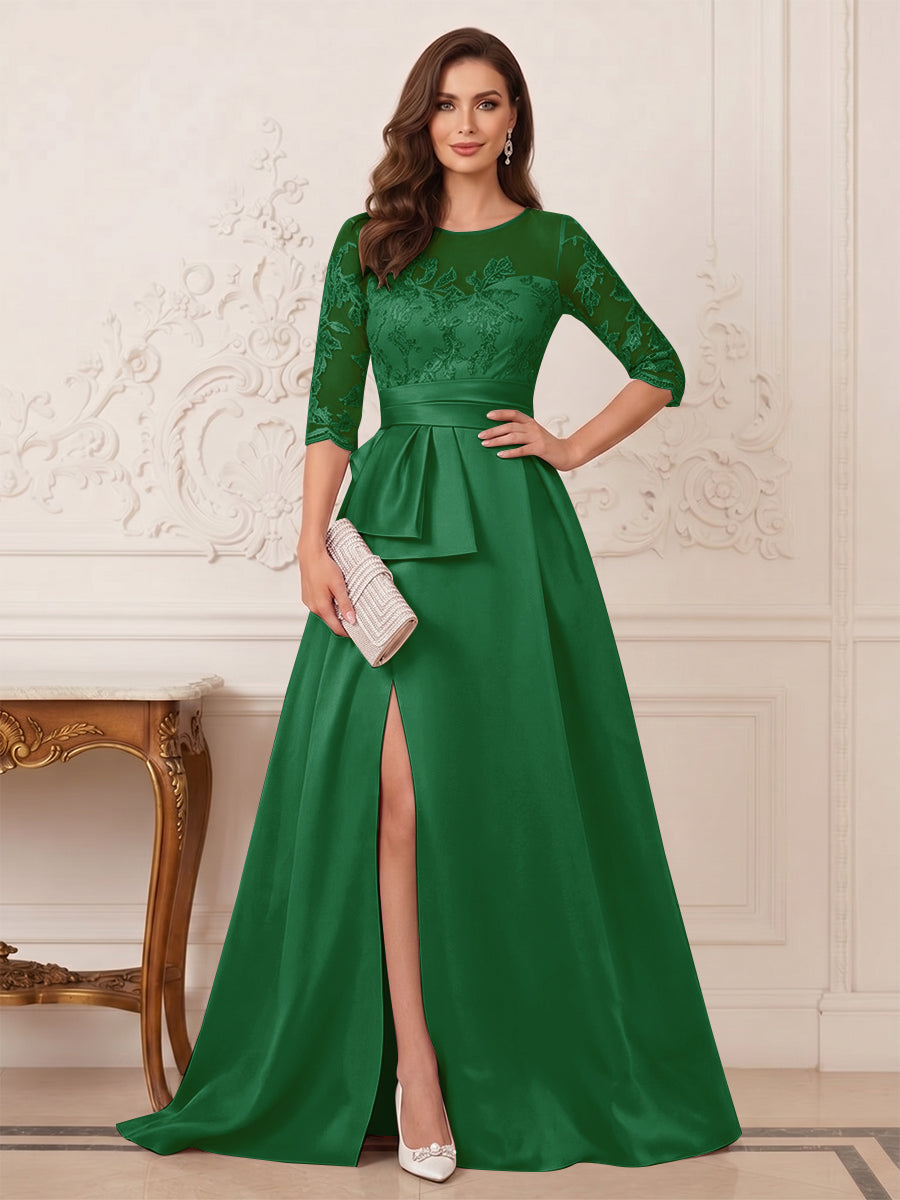 A-Line/Princess Scoop 3/4 Sleeves Floor-Length Mother of the Bride Dresses with Split Side &amp; Applique