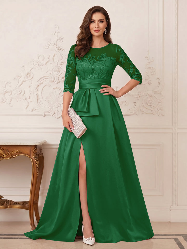 A-Line/Princess Scoop 3/4 Sleeves Floor-Length Mother of the Bride Dresses with Split Side &amp; Applique