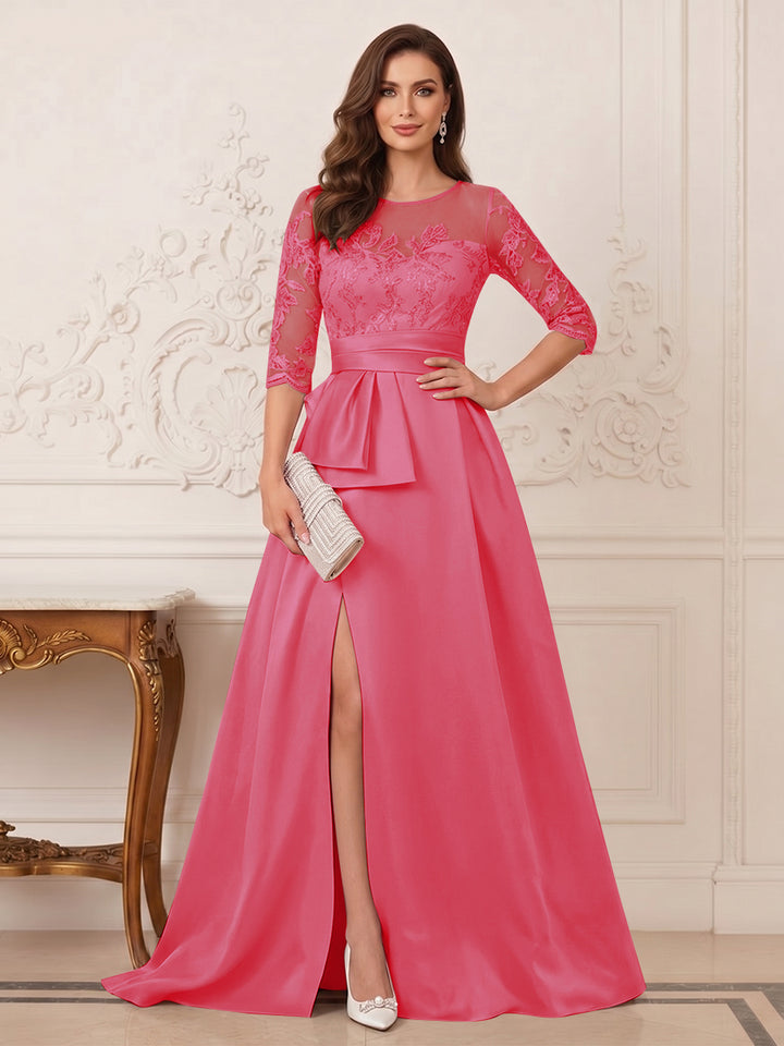 A-Line/Princess Scoop 3/4 Sleeves Floor-Length Mother of the Bride Dresses with Split Side &amp; Applique