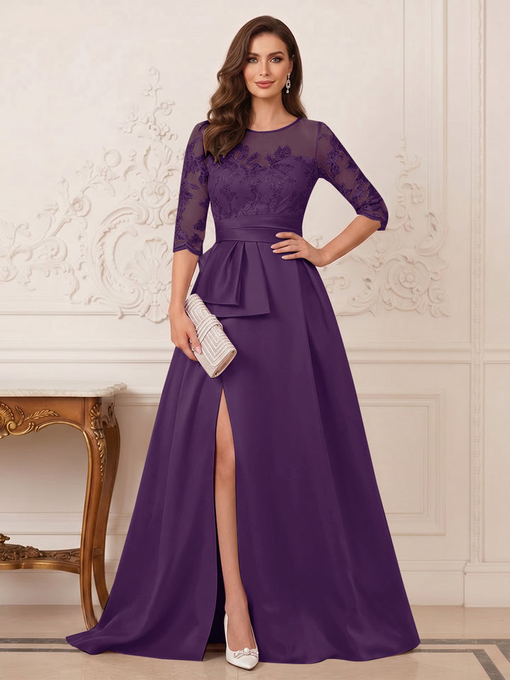 A-Line/Princess Scoop 3/4 Sleeves Floor-Length Mother of the Bride Dresses with Split Side &amp; Applique