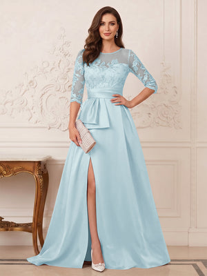A-Line/Princess Scoop 3/4 Sleeves Floor-Length Mother of the Bride Dresses with Split Side & Applique
