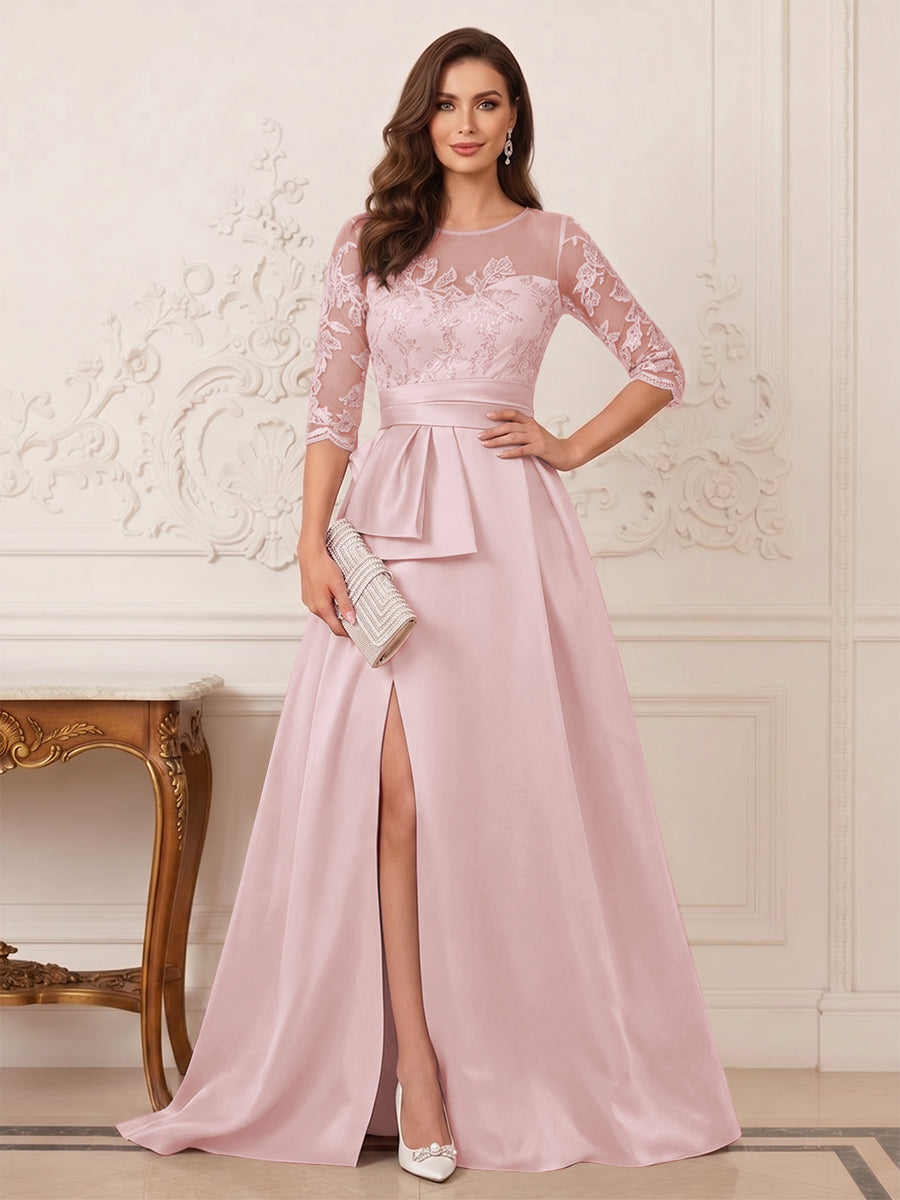 A-Line/Princess Scoop 3/4 Sleeves Floor-Length Mother of the Bride Dresses with Split Side &amp; Applique