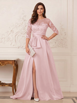 A-Line/Princess Scoop 3/4 Sleeves Floor-Length Mother of the Bride Dresses with Split Side & Applique