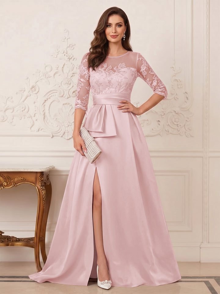 A-Line/Princess Scoop 3/4 Sleeves Floor-Length Mother of the Bride Dresses with Split Side &amp; Applique