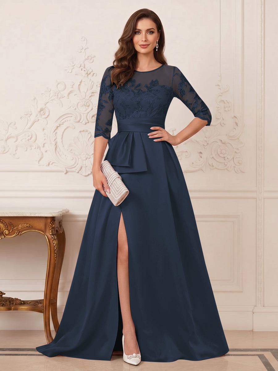 A-Line/Princess Scoop 3/4 Sleeves Floor-Length Mother of the Bride Dresses with Split Side &amp; Applique