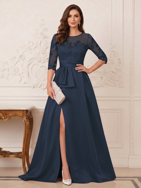 A-Line/Princess Scoop 3/4 Sleeves Floor-Length Mother of the Bride Dresses with Split Side & Applique