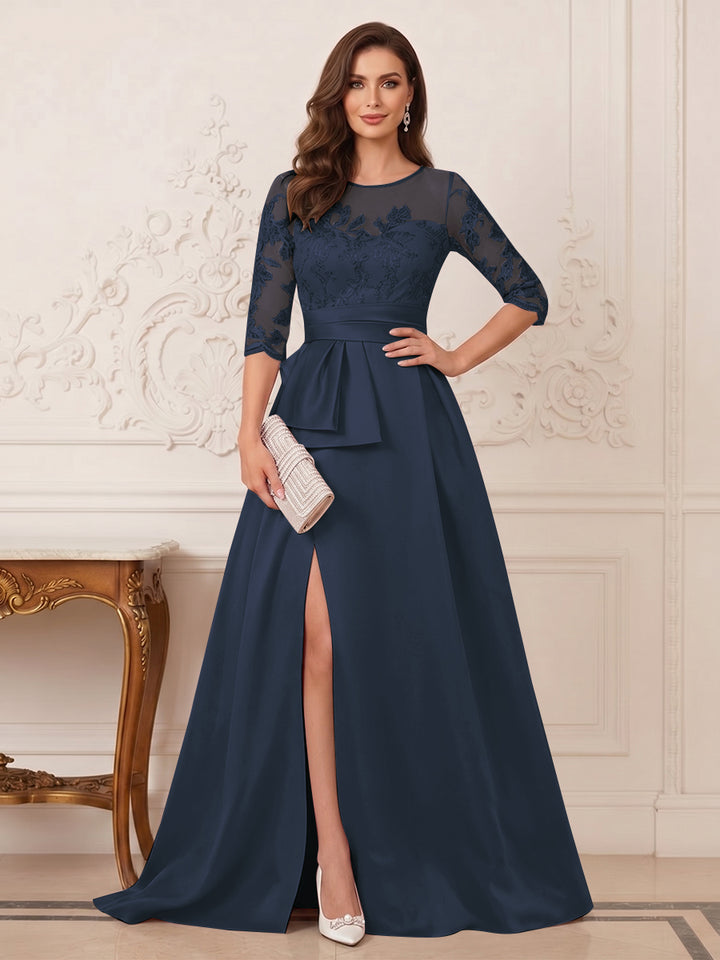 A-Line/Princess Scoop 3/4 Sleeves Floor-Length Mother of the Bride Dresses with Split Side &amp; Applique
