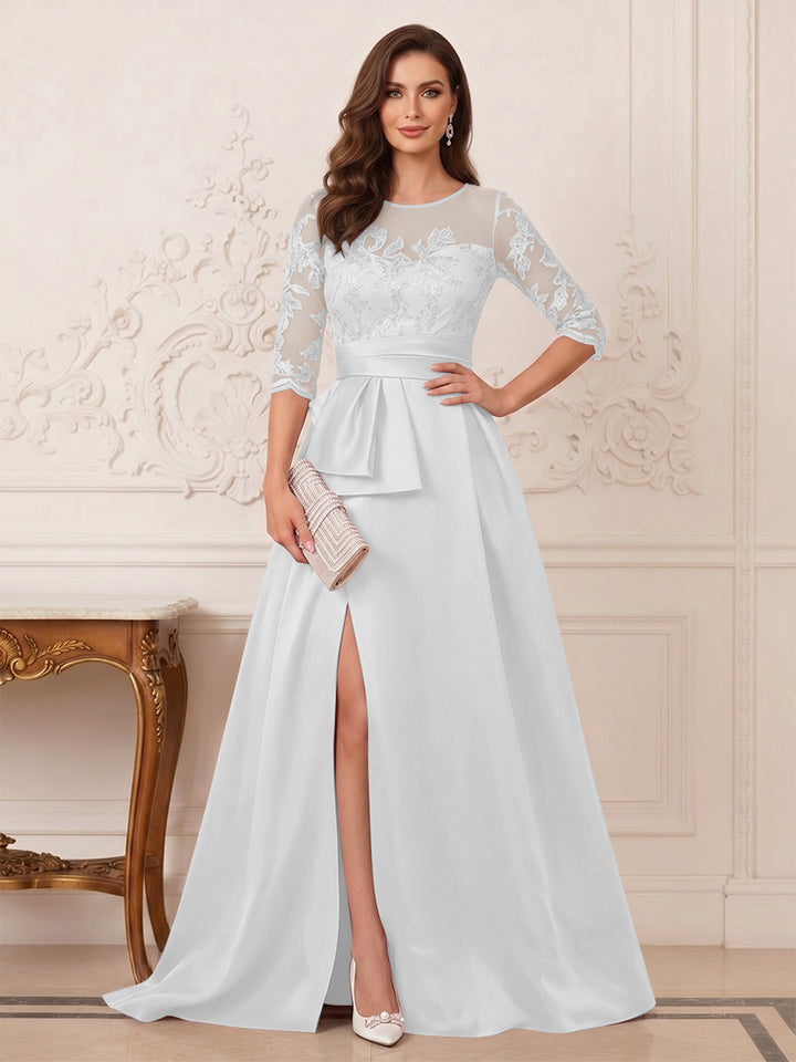 A-Line/Princess Scoop 3/4 Sleeves Floor-Length Mother of the Bride Dresses with Split Side &amp; Applique