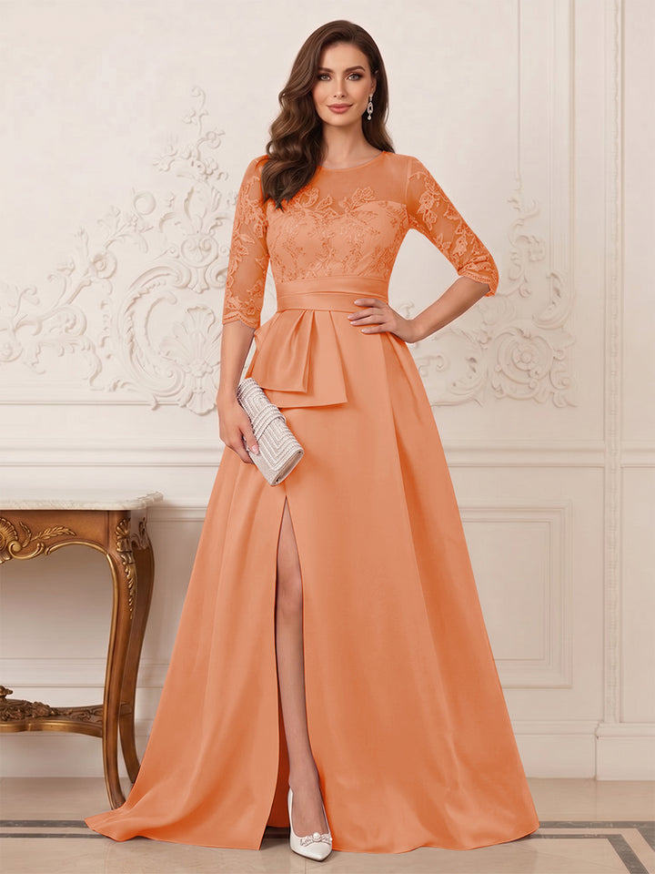 A-Line/Princess Scoop 3/4 Sleeves Floor-Length Mother of the Bride Dresses with Split Side &amp; Applique