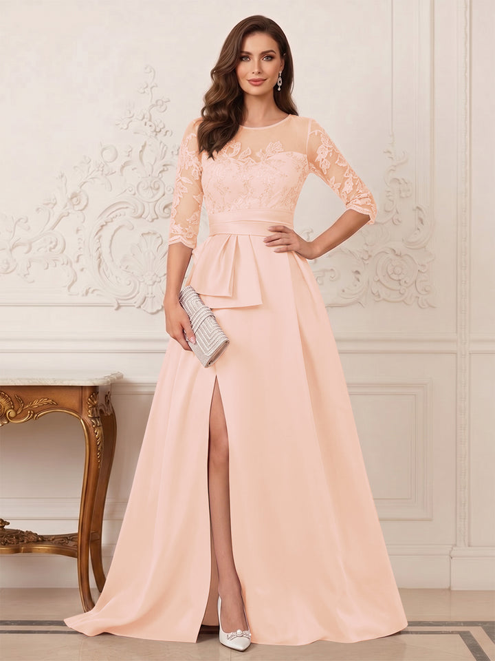 A-Line/Princess Scoop 3/4 Sleeves Floor-Length Mother of the Bride Dresses with Split Side &amp; Applique