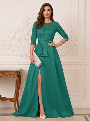 A-Line/Princess Scoop 3/4 Sleeves Floor-Length Mother of the Bride Dresses with Split Side & Applique