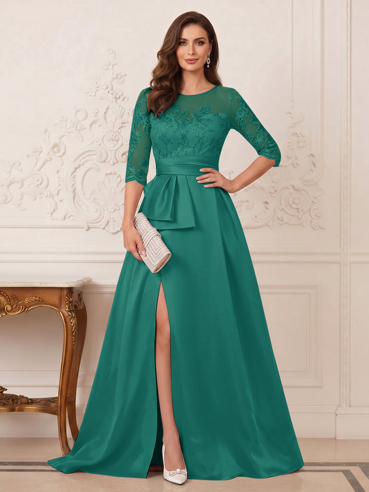 A-Line/Princess Scoop 3/4 Sleeves Floor-Length Mother of the Bride Dresses with Split Side &amp; Applique