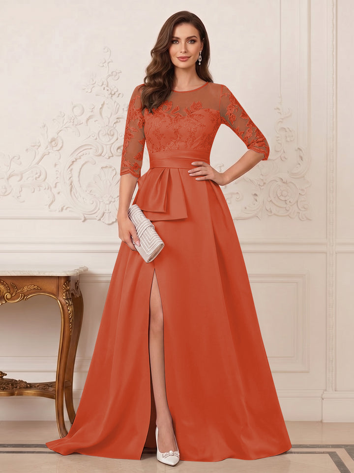 A-Line/Princess Scoop 3/4 Sleeves Floor-Length Mother of the Bride Dresses with Split Side &amp; Applique