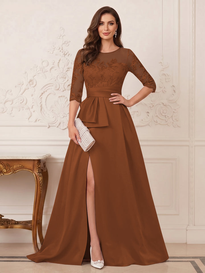 A-Line/Princess Scoop 3/4 Sleeves Floor-Length Mother of the Bride Dresses with Split Side &amp; Applique