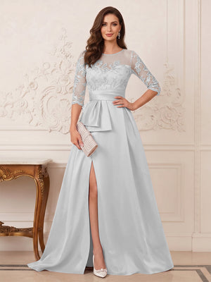 A-Line/Princess Scoop 3/4 Sleeves Floor-Length Mother of the Bride Dresses with Split Side & Applique