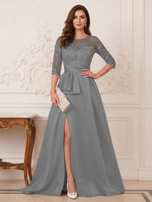 A-Line/Princess Scoop 3/4 Sleeves Floor-Length Mother of the Bride Dresses with Split Side & Applique