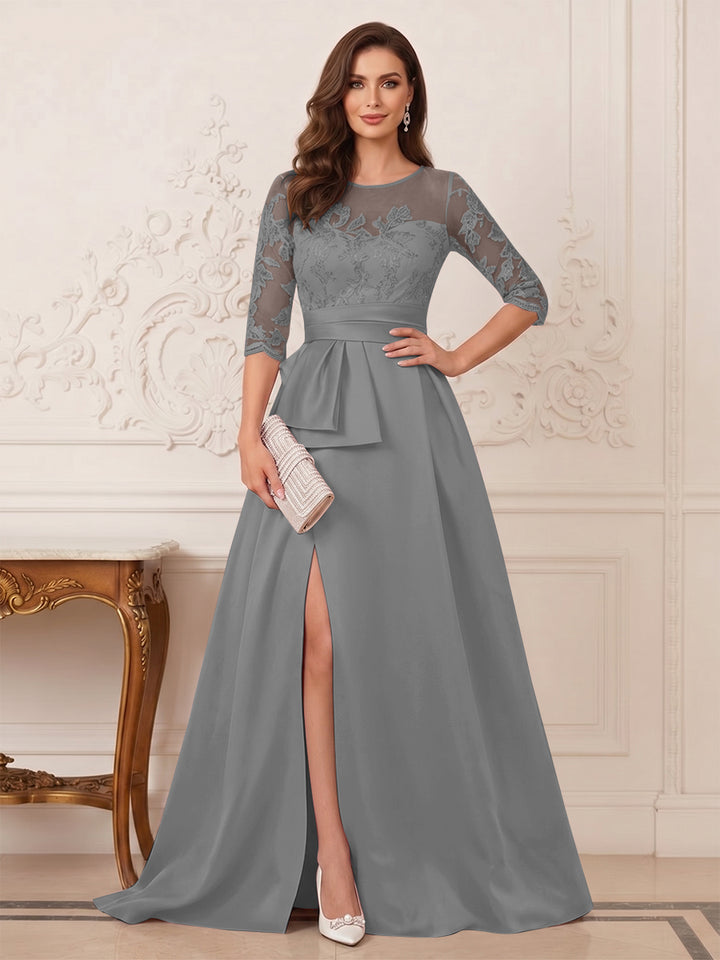 A-Line/Princess Scoop 3/4 Sleeves Floor-Length Mother of the Bride Dresses with Split Side &amp; Applique