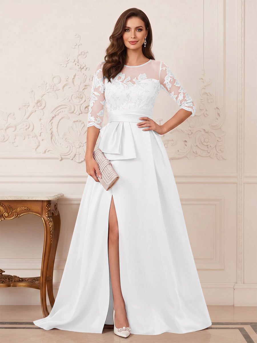 A-Line/Princess Scoop 3/4 Sleeves Floor-Length Mother of the Bride Dresses with Split Side &amp; Applique