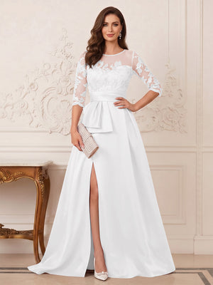 A-Line/Princess Scoop 3/4 Sleeves Floor-Length Mother of the Bride Dresses with Split Side & Applique