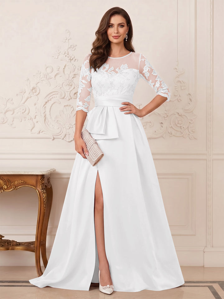 A-Line/Princess Scoop 3/4 Sleeves Floor-Length Mother of the Bride Dresses with Split Side &amp; Applique