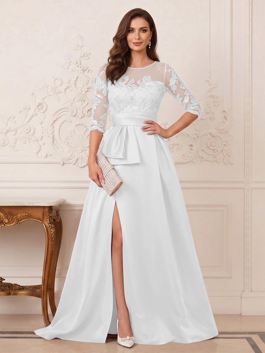 A-Line/Princess Scoop 3/4 Sleeves Floor-Length Mother of the Bride Dresses with Split Side &amp; Applique