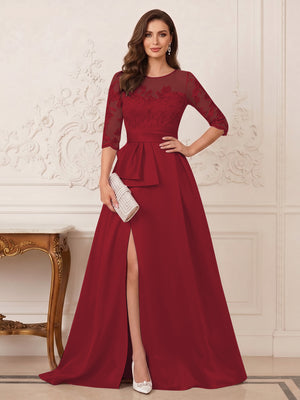 A-Line/Princess Scoop 3/4 Sleeves Floor-Length Mother of the Bride Dresses with Split Side & Applique
