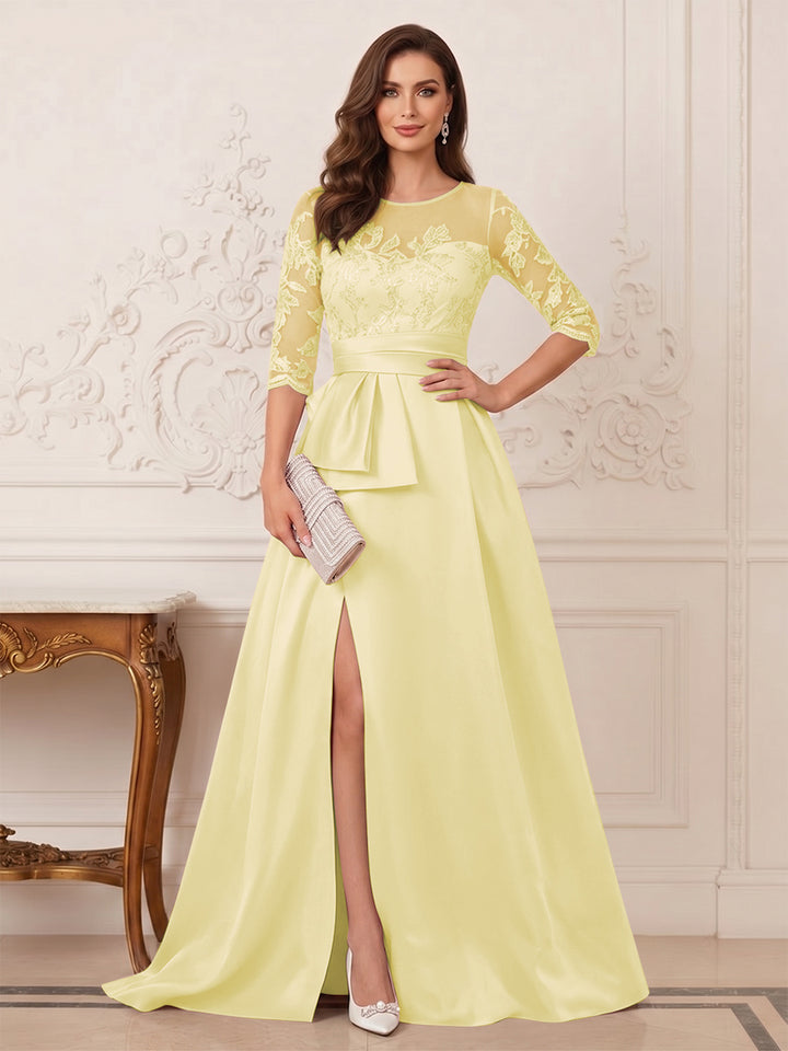 A-Line/Princess Scoop 3/4 Sleeves Floor-Length Mother of the Bride Dresses with Split Side &amp; Applique