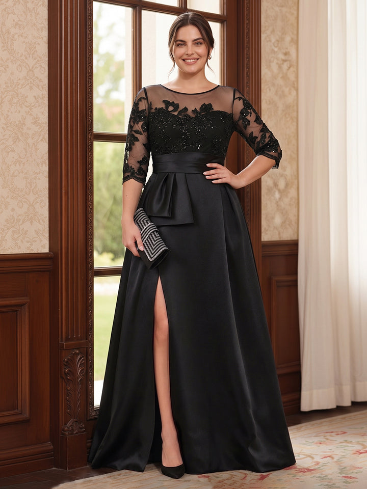 A-Line/Princess Scoop 3/4 Sleeves Floor-Length Plus Size Mother of the Bride Dresses with Split Side &amp; Applique