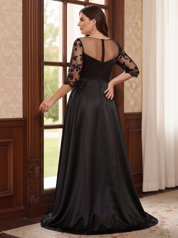 A-Line/Princess Scoop 3/4 Sleeves Floor-Length Plus Size Mother of the Bride Dresses with Split Side &amp; Applique