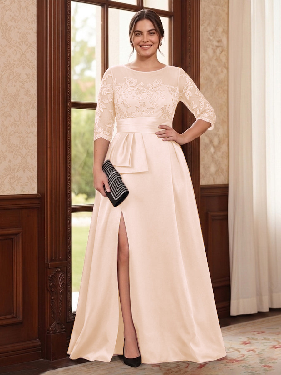 A-Line/Princess Scoop 3/4 Sleeves Floor-Length Plus Size Mother of the Bride Dresses with Split Side &amp; Applique
