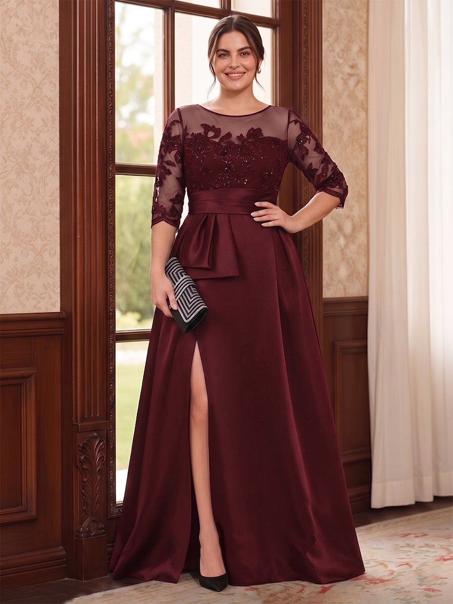 A-Line/Princess Scoop 3/4 Sleeves Floor-Length Plus Size Mother of the Bride Dresses with Split Side &amp; Applique