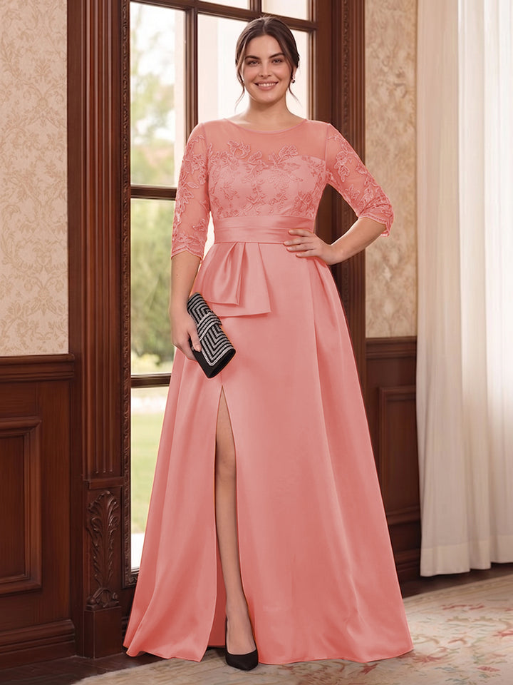 A-Line/Princess Scoop 3/4 Sleeves Floor-Length Plus Size Mother of the Bride Dresses with Split Side &amp; Applique